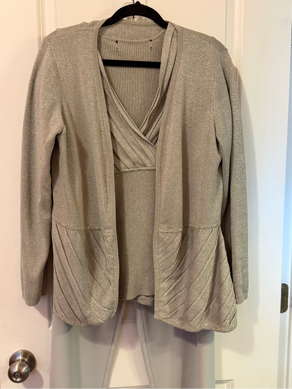 Women's Shimmery Cream Knit Cardigan  pants and Top Set